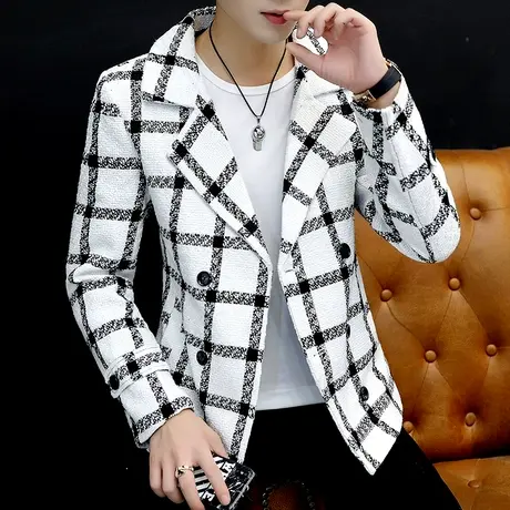 帅气男装短款小风衣春秋季潮流双排扣小西服男士英伦呢子大衣外套图片