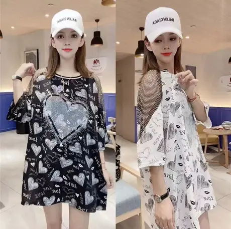 欧洲站2022夏装新款圆领时尚印花重工烫钻网纱拼接宽松炸街T恤女图片