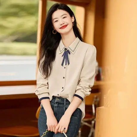 时尚气质职场风2023年秋季新款女装长袖可拆卸领花长袖通勤衬衫图片