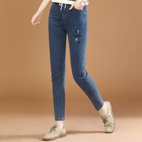 韩潮袭人松紧腰字母刺绣牛仔长裤女2023秋季新款修身小脚哈伦裤商品大图