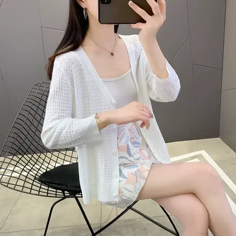 春夏薄款冰丝针织开衫长袖夏季镂空外搭短款空调衫防晒披肩上衣女商品大图