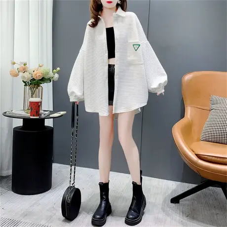 加厚华夫格长袖衬衫女秋季2022年新款宽松慵懒风韩系百搭衬衣外套商品大图