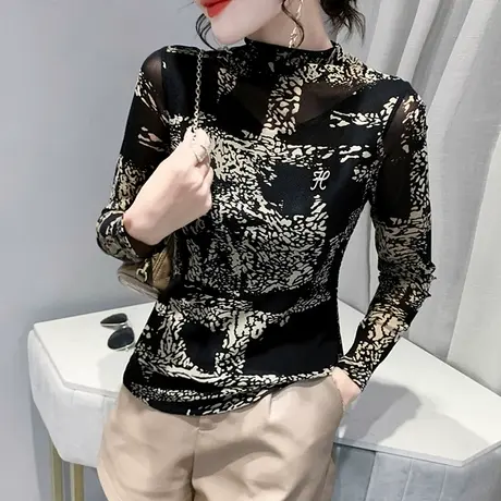 半高领打底衫女春秋2023新款复古印花网纱长袖T恤紧身内搭上衣潮商品大图