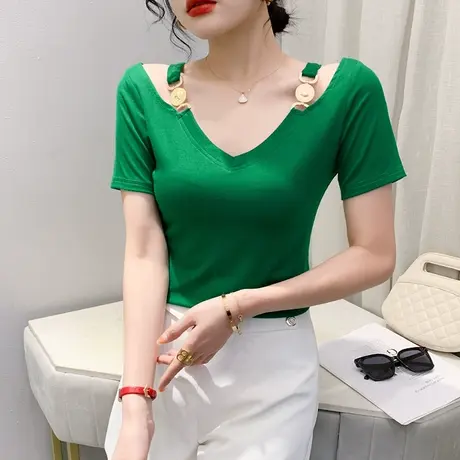性感一字领短袖女装欧货洋气露肩T恤设计感小众上衣修身百搭半袖商品大图