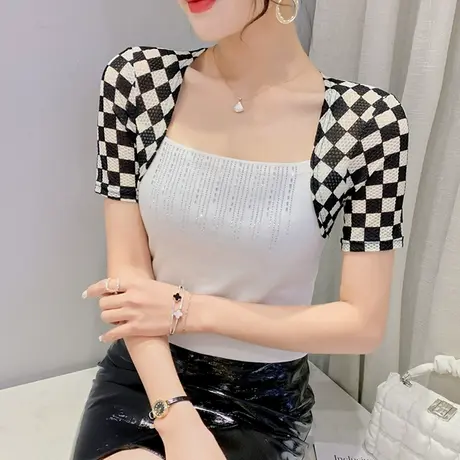 时尚方领短袖T恤女士夏装新款性感露锁骨小衫洋气百搭烫钻上衣潮商品大图