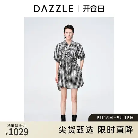 DAZZLE地素 奥莱法式别致复古格纹泡泡袖抽褶短袖连衣裙女图片
