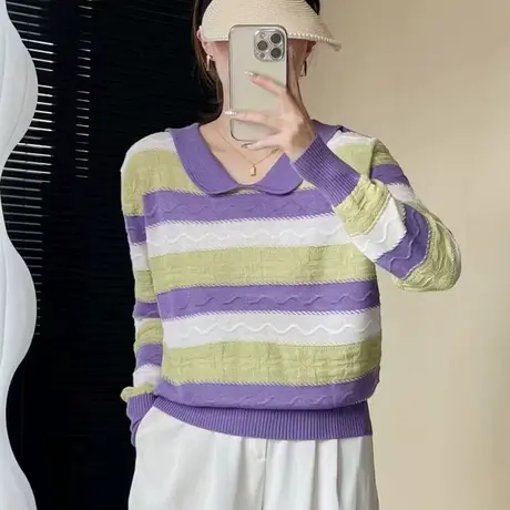秋装2023年新款娃娃领条纹宽松薄款长袖针织衫洋气百搭高级感上衣商品大图