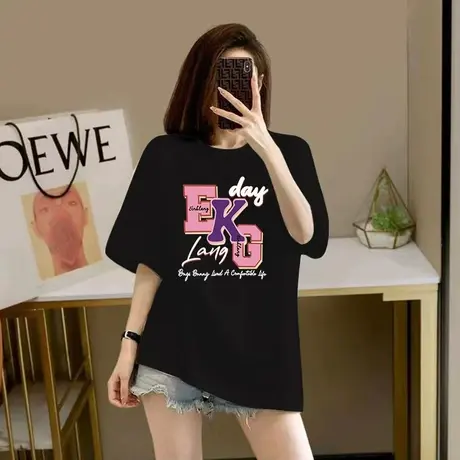 纯棉短袖印花T恤2023夏新款中长款韩版宽松大码女装时尚减龄上衣商品大图