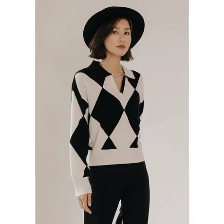 弥古法式小香风针织衫v领秋季收腰上衣女小众设计感格子毛衣内搭商品大图