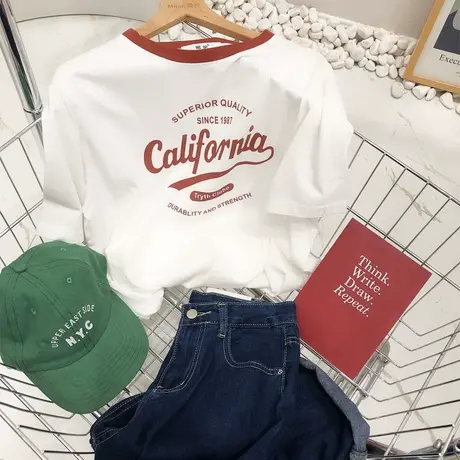 ins复古美式字母撞色运动休闲短袖夏季韩国东大门T恤水洗棉大码潮图片