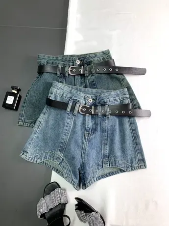 2023夏季新款弧形牛仔短裤女显瘦百搭高腰ins网红辣妹a字阔腿短裤图片