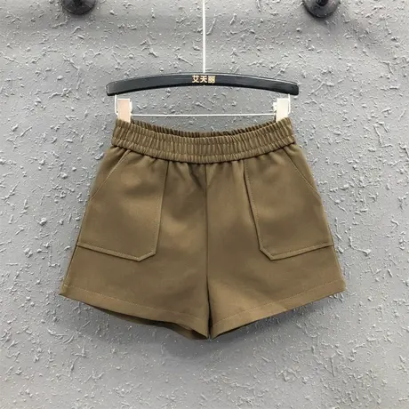网红松紧腰咖啡色短裤女23秋季新款休闲西装阔腿裤高腰a字靴裤潮图片