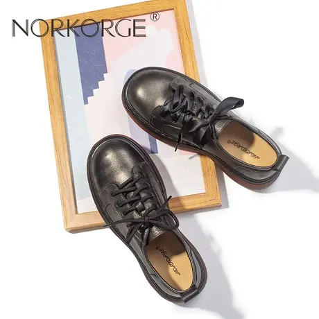 原创新款手工复古黑金色单鞋女鞋系带真皮圆头厚底防滑小皮鞋2023商品大图