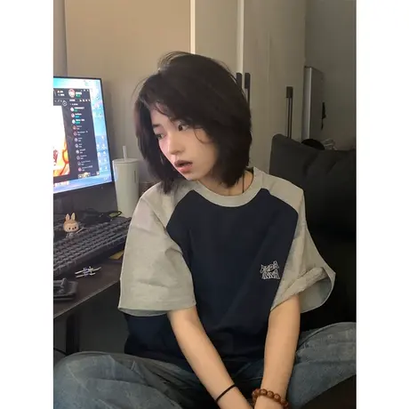 美式复古正肩纯棉短袖t恤女夏宽松半袖设计感小众chic港味上衣服商品大图