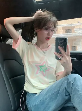 星星刺绣抽绳短袖t恤女夏季修身显瘦小众设计感别致甜美短款上衣商品大图