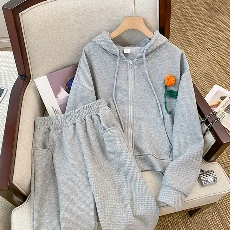 华夫格休闲连帽套装女春秋冬季时尚宽松大码运动服卫衣卫裤两件套图片