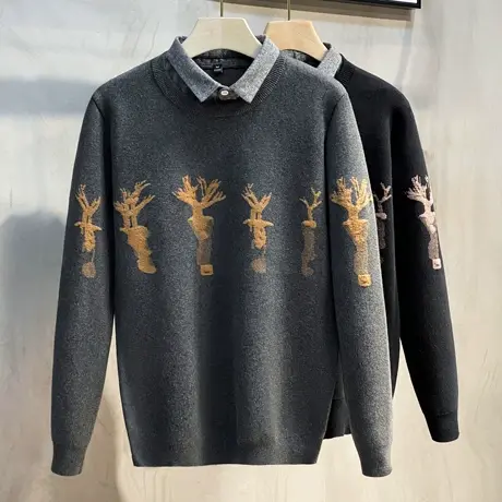 2023秋冬新款加绒加厚毛衣男韩版潮流假两件套保暖针织衫提花上衣商品大图