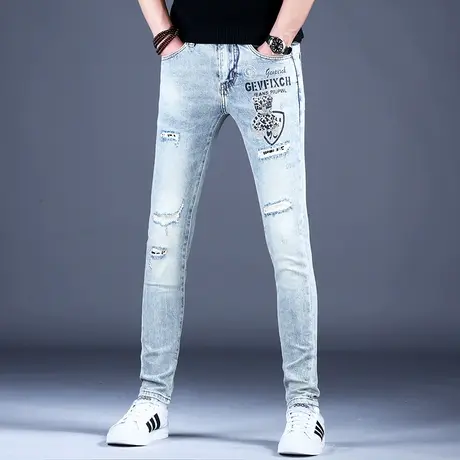 秋款潮流印花破洞牛仔裤男款修身小脚休闲裤子男2023新款轻奢潮牌商品大图