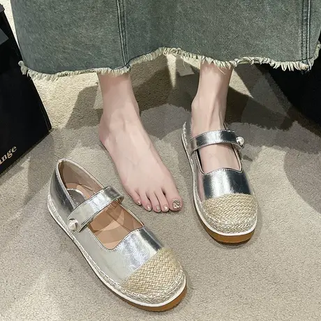 网红沙滩草编鞋拼接单鞋女2023秋季新款韩版软底舒适平底鞋懒人鞋图片