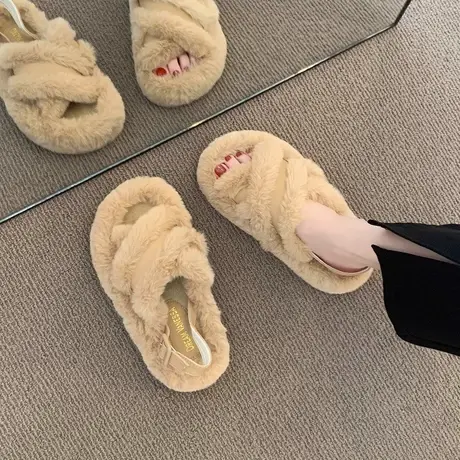 厚底毛毛拖鞋女外穿秋冬2023新款真毛高级感毛绒棉拖鞋凉鞋毛毛鞋商品大图