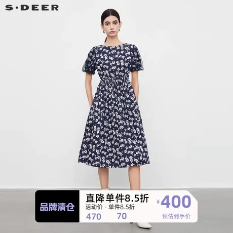 sdeer圣迪奥女装圆领碎花收腰网纱泡泡袖连衣裙S232Z12TR图片