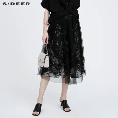 sdeer圣迪奥女装收腰蕾丝网纱拼接不规则A字长裙S22281109图片