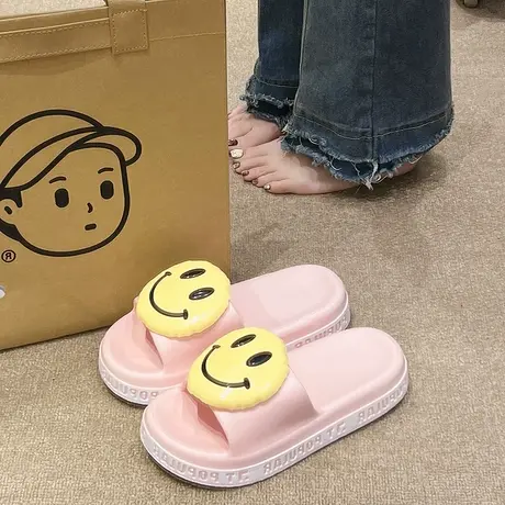 拖鞋女外穿夏季可爱笑脸少女心室内浴室洗澡防滑厚底可外穿凉拖鞋商品大图
