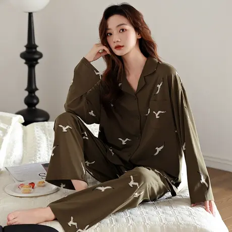 婷美春秋季睡衣女纯棉长袖开衫宽松大码秋冬天休闲家居服外穿套装商品大图