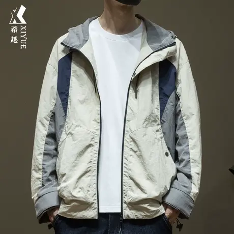 希越户外机能风褶皱夹克男2024春秋新款宽松大码男士连帽工装外套图片