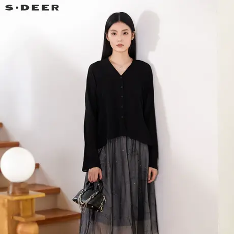 sdeer圣迪奥女装夏季简约V领肌理吊带两件套黑色衬衫S223Z0524商品大图