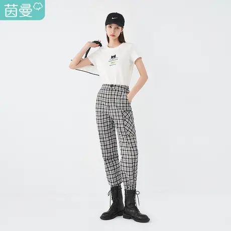 【新疆棉】茵曼2023夏装新款松紧后腰带松紧小裤脚单边格纹休闲裤图片