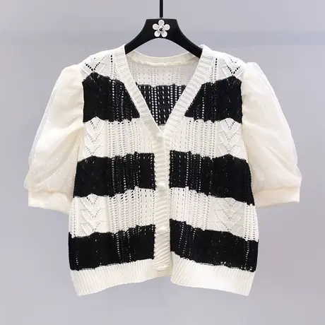 网纱拼接短袖针织开衫女2023年夏季新款设计感洋气泡泡袖镂空上衣图片