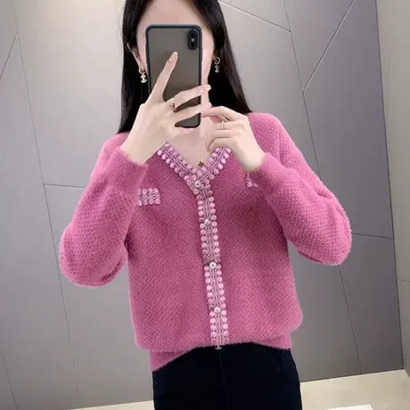 秋季女士水貂绒v领毛衣女2023年新款爆款宽松针织衫女打底衫秋冬商品大图