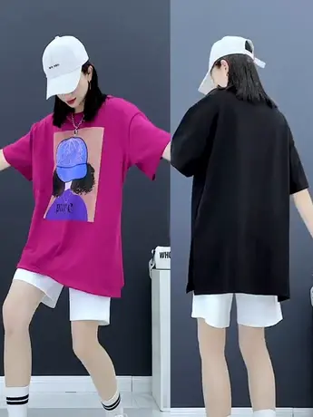 中长款印花t恤女2023年夏季新款韩版宽松大码遮肚子短袖胖mm上衣图片