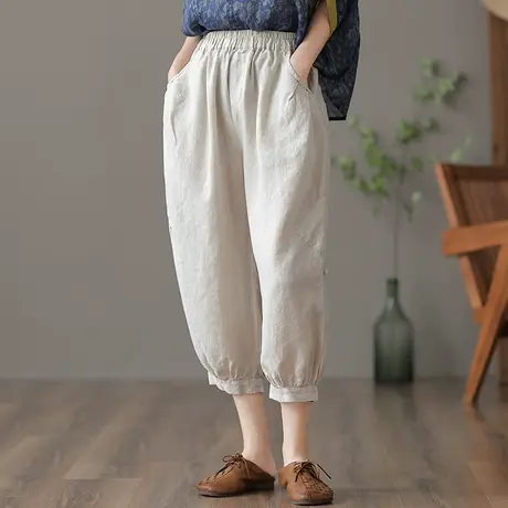 dza 高腰显瘦七分棉麻裤子女士夏季薄款休闲灯笼裤宽松阔腿亚麻裤商品大图