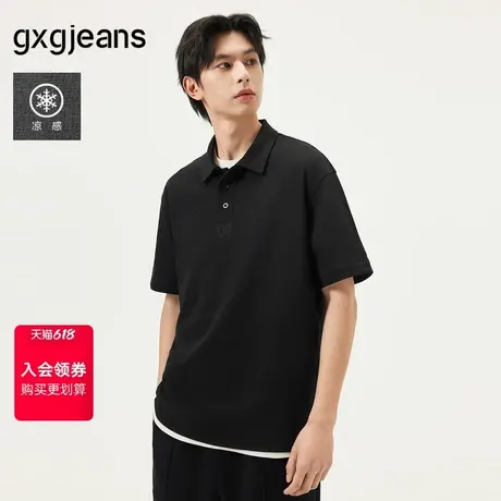 gxg.jeans男装  黑色简约刺绣休闲翻领短袖T恤POLO衫 25年夏新品图片