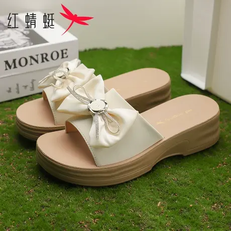 红蜻蜓女鞋2025夏季新款真皮蝴蝶结厚底拖鞋女软底休闲舒适一字拖商品大图