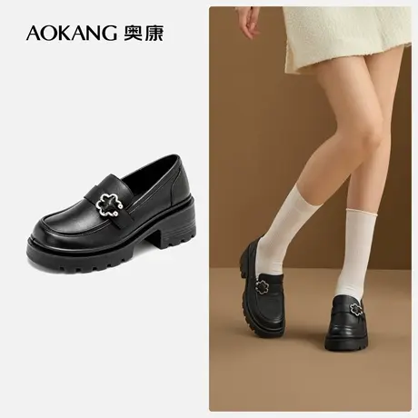 奥康女鞋 春新款真皮粗跟套脚乐福鞋一脚蹬懒人通勤小皮鞋图片