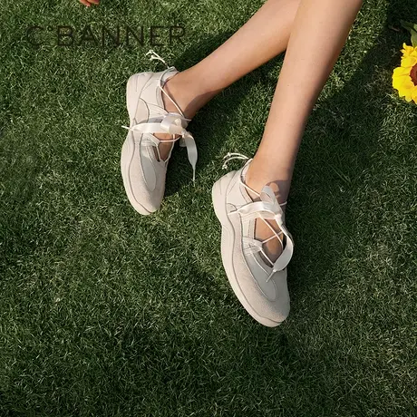 千百度丝带运动玛丽珍鞋女2025春夏新款时尚休闲小白鞋芭蕾德训鞋商品大图