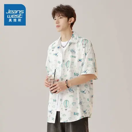 LR真维斯男装2025夏季新款  男士休闲百搭时尚满印宽松短袖衬衫商品大图