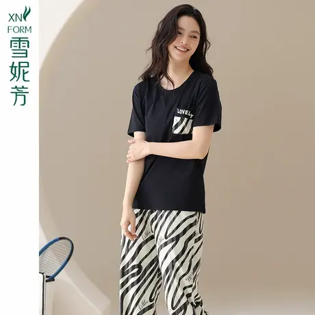 雪妮芳纯棉圆领女睡衣短袖长裤两件套简约舒适全棉薄款透气家居服商品大图