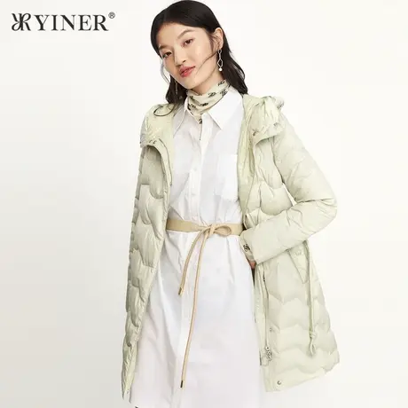 YINER音儿outlets 冬季新款条纹中长款连帽羽绒服商品大图
