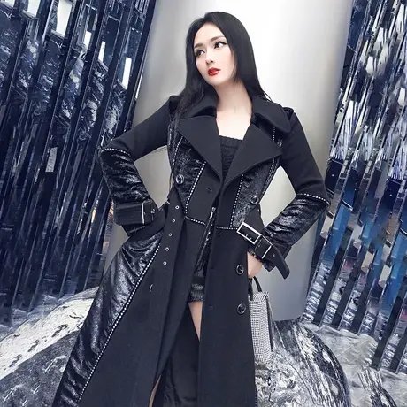 VJE黑色毛呢大衣女中长款冬季新款帅气拼接气质通勤过膝外套图片