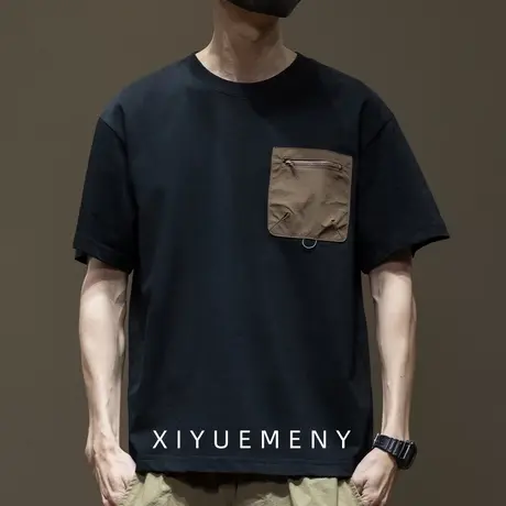 美式潮牌工装短袖t恤男设计感撞色拼接宽松大码半袖衣服2025夏季商品大图