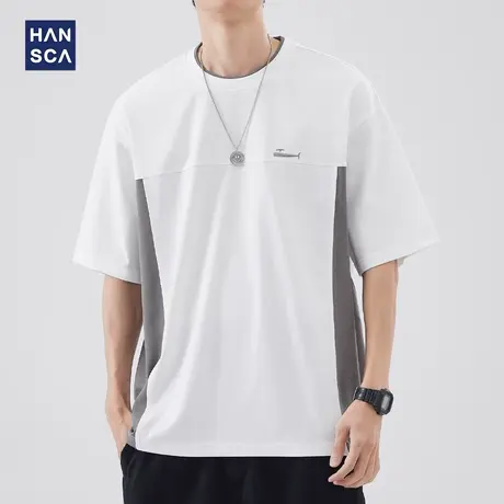 hansca 重磅刺绣短袖t恤男夏季撞色拼接圆领宽松休闲纯棉半袖上衣商品大图