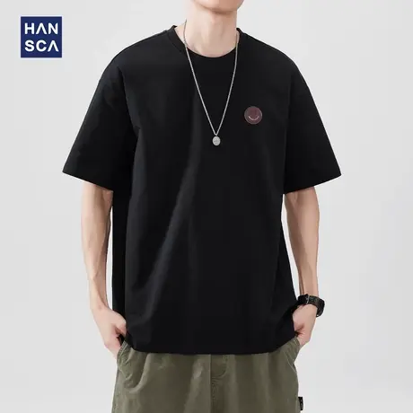 hansca 250g重磅薄款短袖T恤男2025夏季新款撞色潮牌绣章休闲上衣商品大图