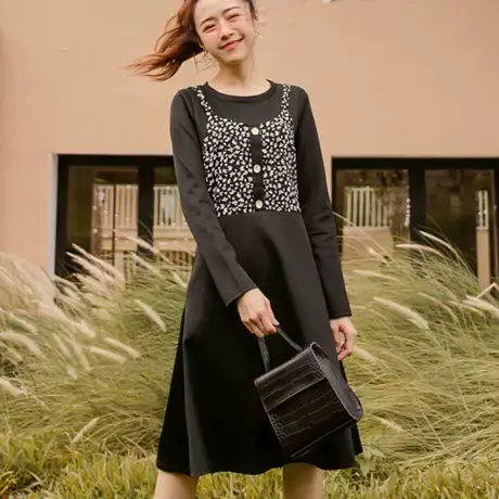 桔熊秋冬季假两件套裙子女碎花背心微光泽长袖连衣裙大码AB16623图片