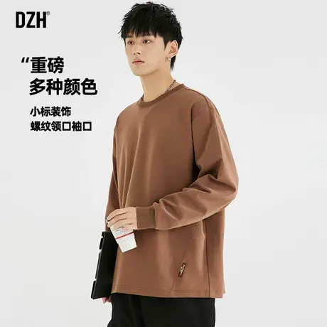 男士咖色t恤男长袖内搭圆领打底衫2025新款春季上衣重磅卫衣美式商品大图