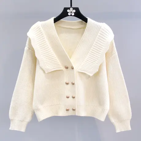 荷叶边双排扣毛衣外套女秋冬2023新款宽松慵懒风高级气质针织开衫商品大图