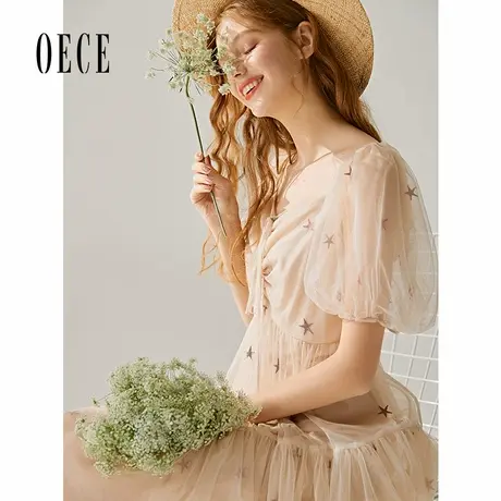 Oece夏装新款女装 法式甜美方领系带灯笼袖欧根纱连衣裙图片